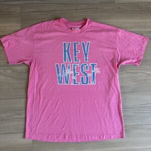 VINTAGE Key West Florida Hanes‎ 50/50 Single Stitch Pink Blue Shirt Large Unisex